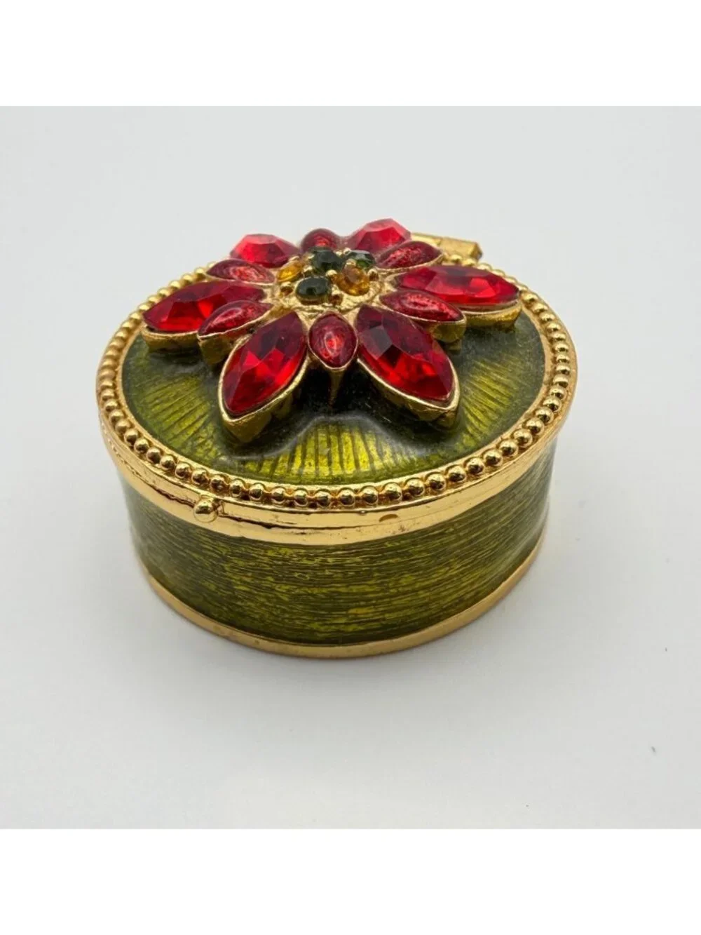 Christopher Radko Enamel Trinket Pill Box Red Poinsettia Flower Gold Tone Round